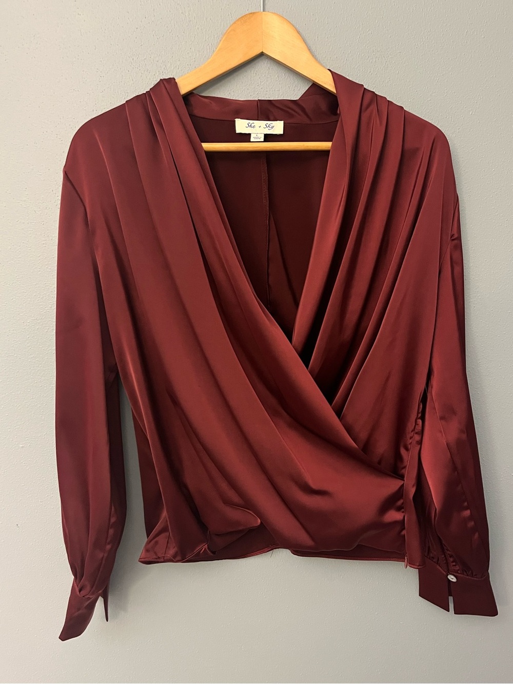She + Sky Satin Draped Wrap Blouse